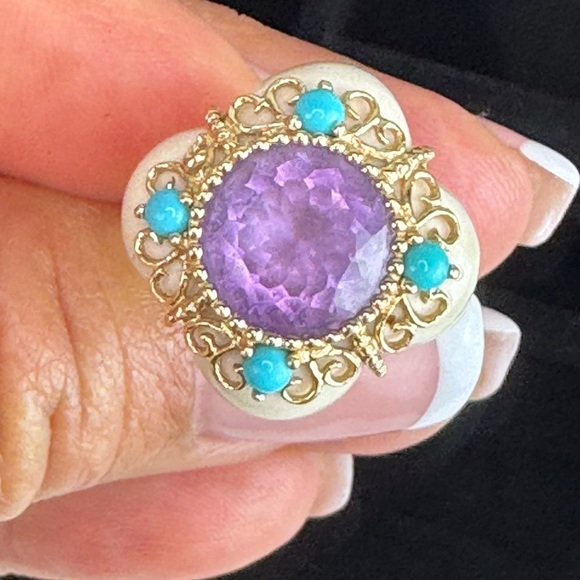 14K Yellow Gold Bezel Amethyst Turquoise and Quatrefoil White Agate Ring S 6.5 - Picture 5 of 16